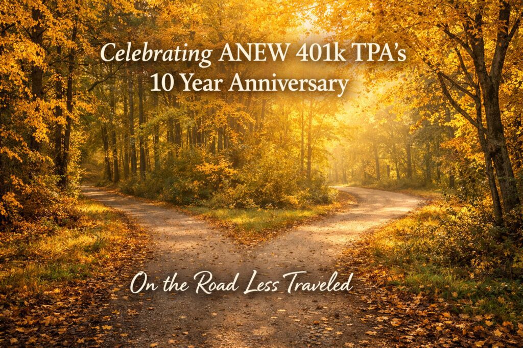 A sunlit forest path celebrating ANEW 401k TPA's 10-year anniversary.